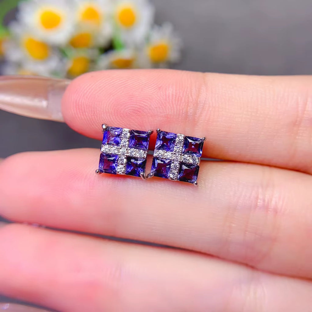 925 Sterling Silver 1.44Ct Tanzanite Square 3mm Stud Earrings Women