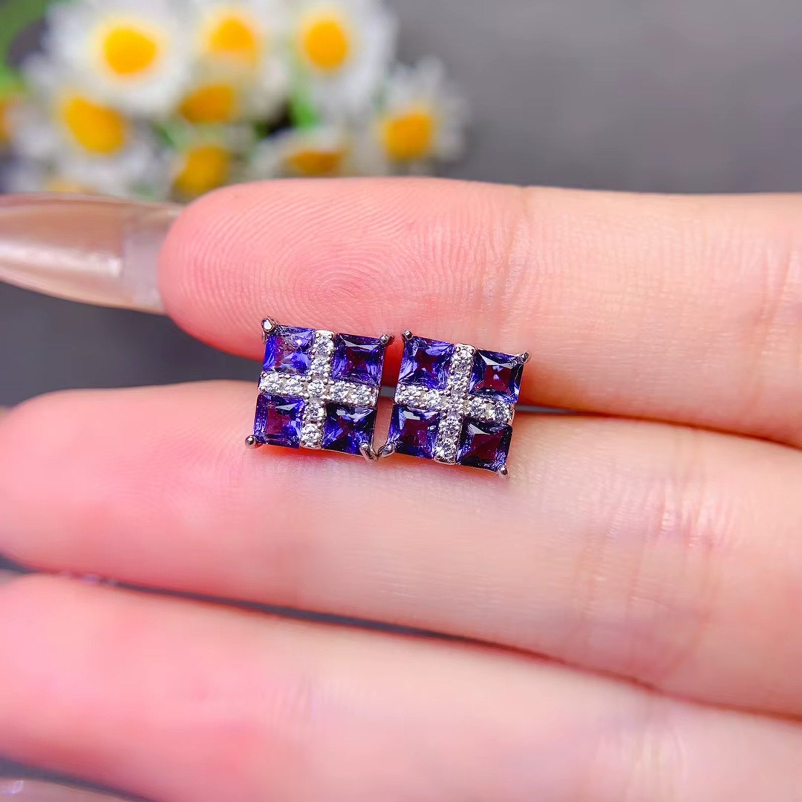 925 Sterling Silver 1.44Ct Tanzanite Square 3mm Stud Earrings Women