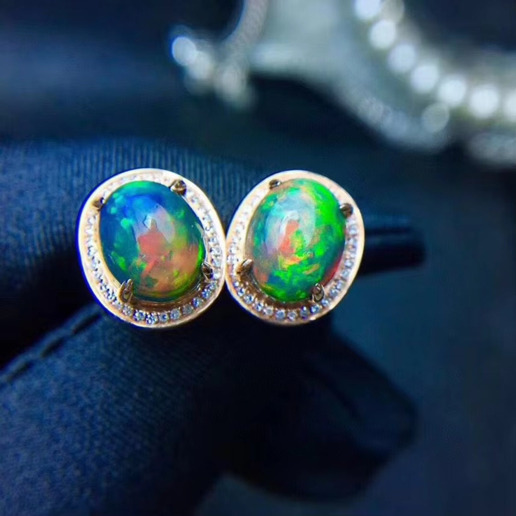 Black Fire Opal Stud Earrings, Natural Fire Opal Earrings 925 Sterling Silver