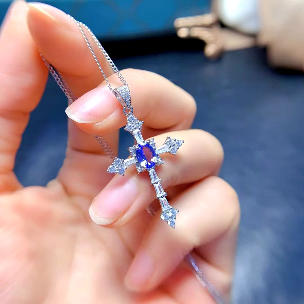 Purple Tanzanite Cross Pendant Necklace, Natural Tanzanite Cross Necklace 5x7mm