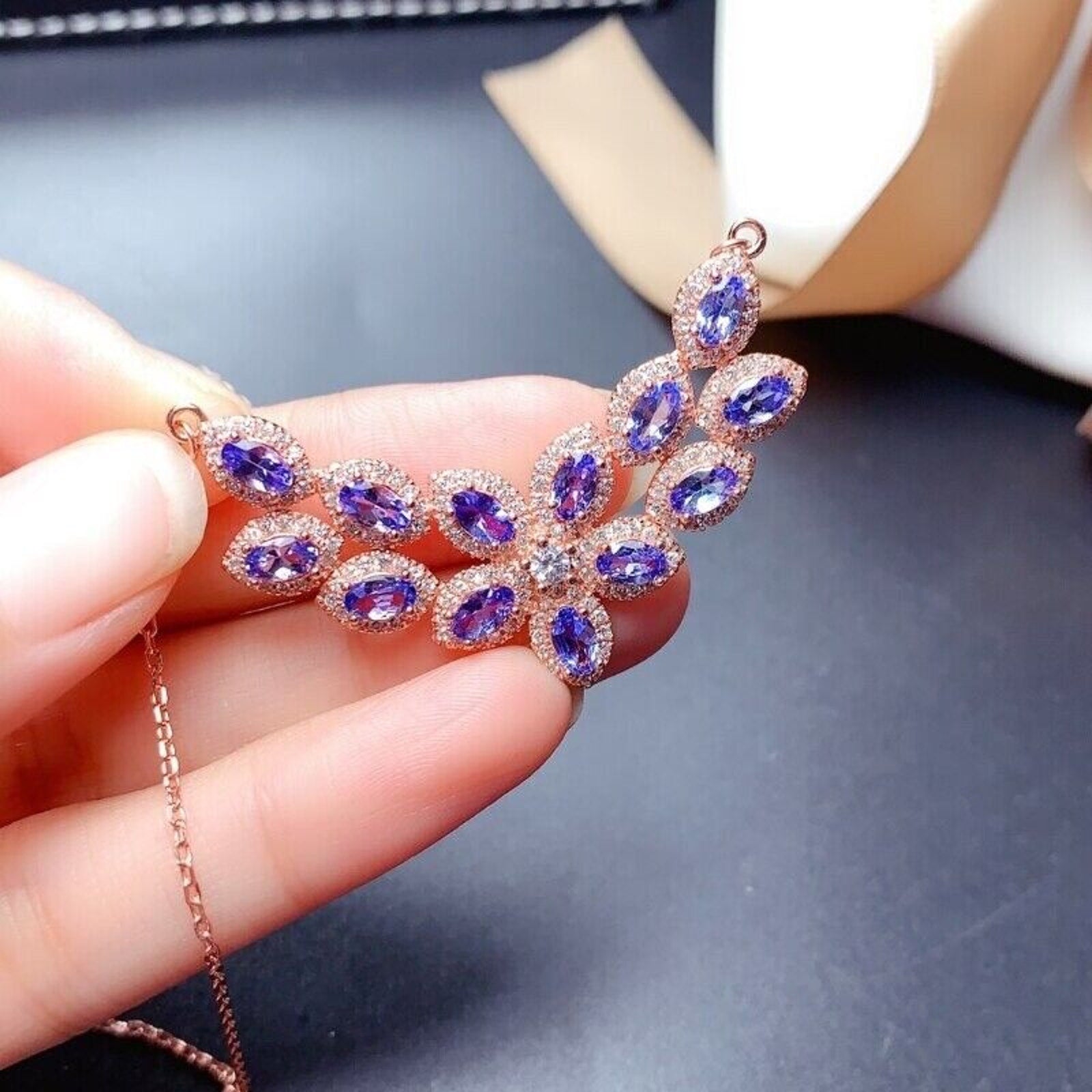 Purple Tanzanite Statement Necklace, Platinum Plated Tanzanite Collar Necklace