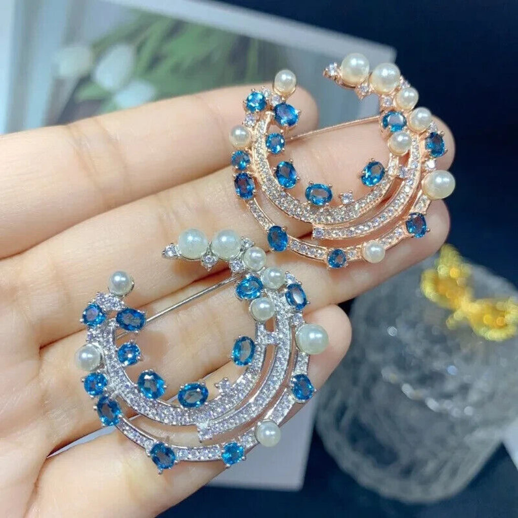 London Blue Topaz and Faux Pearl Brooch Pin, Blue Topaz Brooch Sterling Silver