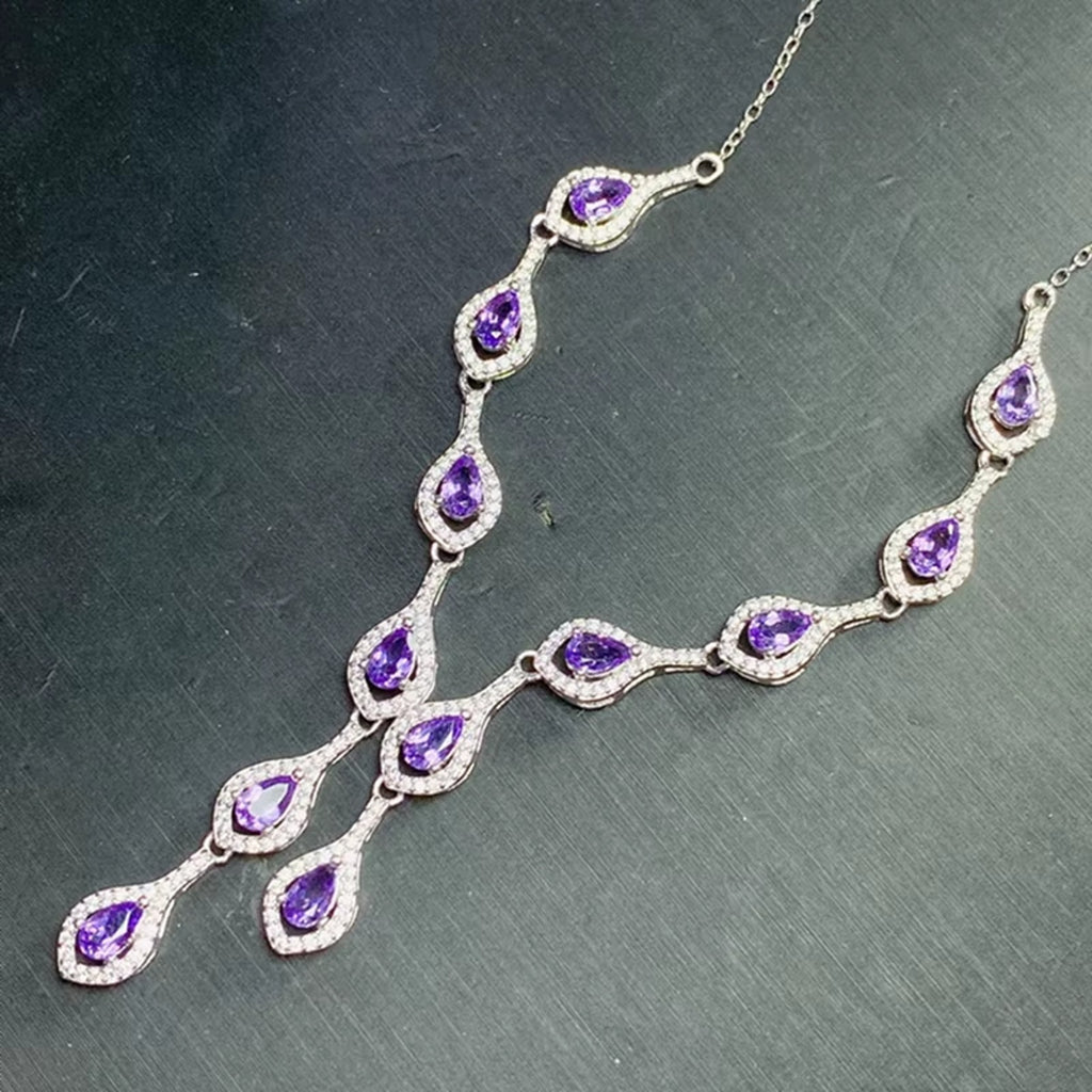 Natural Amethyst Gemstone Clavicle Necklace 925 Sterling Silver 3x5mm