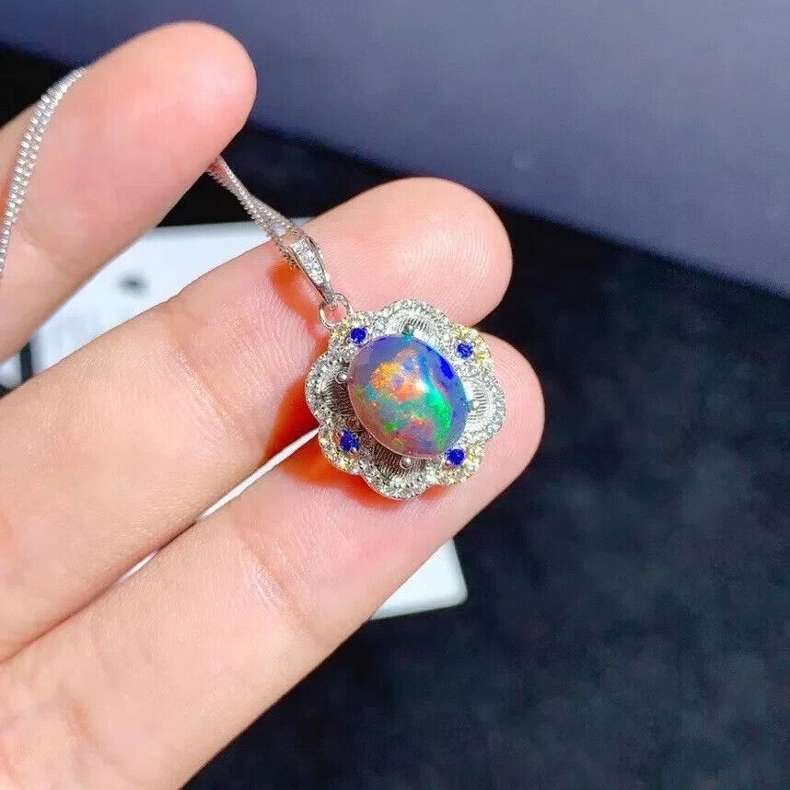 Natural Black Opal Jewelry Set 8x10mm, Colorful Fire Opal Pendant and Ring Set