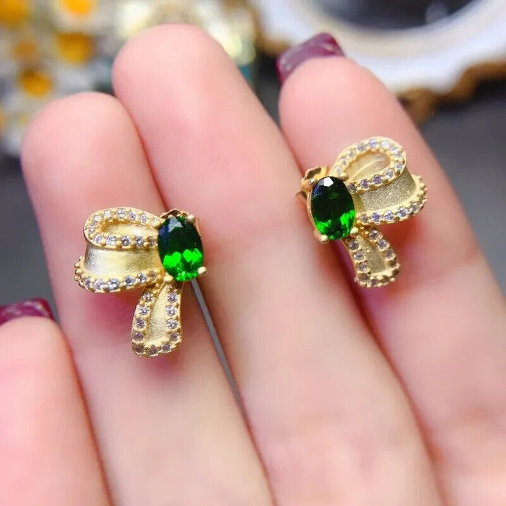 Chrome Diopside Bowknot Stud Earrings, Chrome Diopside Gold Stud Earrings 4x6mm
