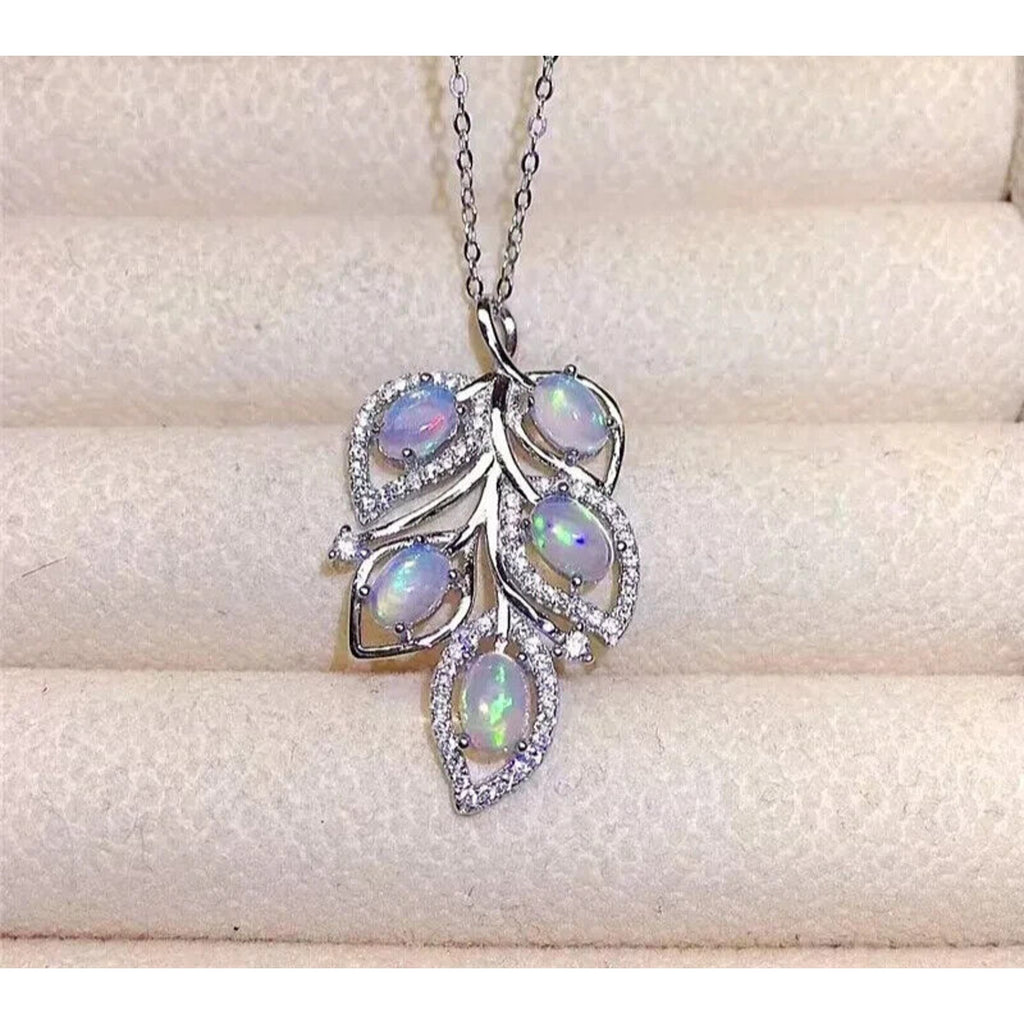 Natural Fire Opal Leaf Pendant Necklace, Colorful Fire Opal Pendant Necklace