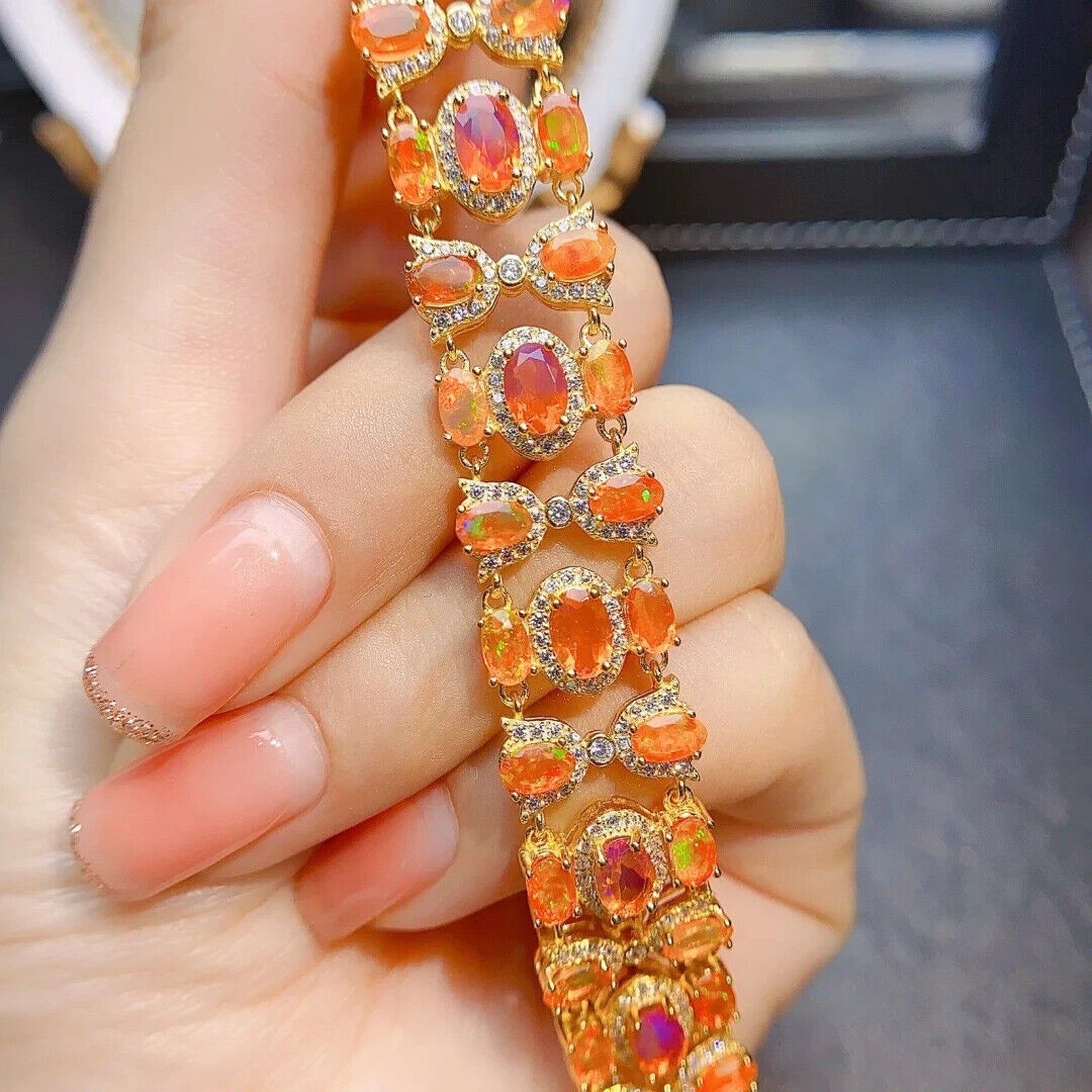 Mexican Orange Fire Opal Gemstone Bracelet, Orange Fire Opal Tennis Bracelet