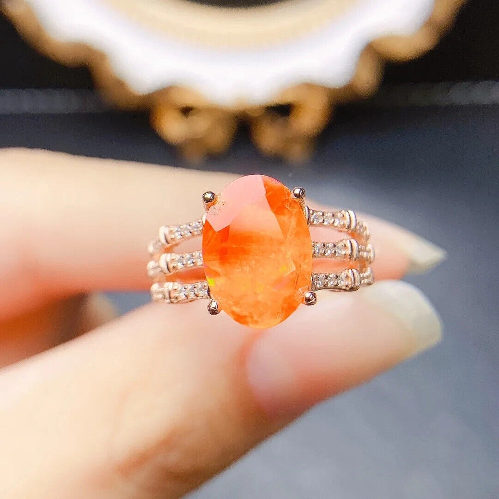 Orange Fire Opal Statement Ring 8x12mm, Natural Orange Opal Ring 925 Sterling