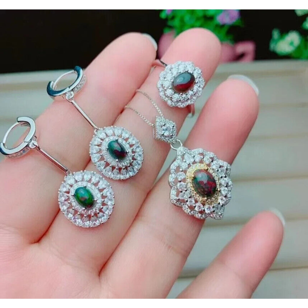 Natural Black Opal Jewelry Set, Black Opal Statement Necklace and Ring