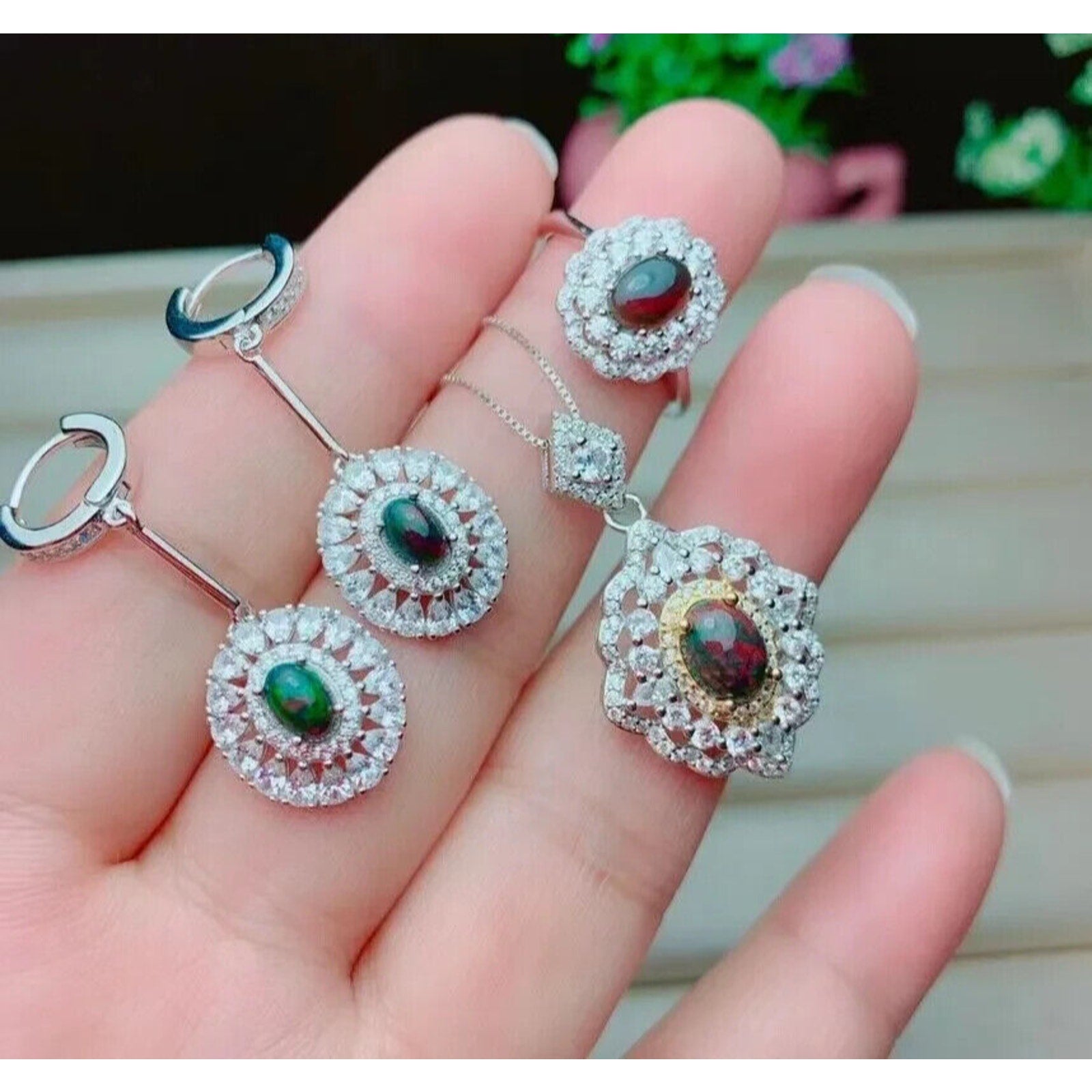 Natural Black Opal Jewelry Set, Black Opal Statement Necklace and Ring