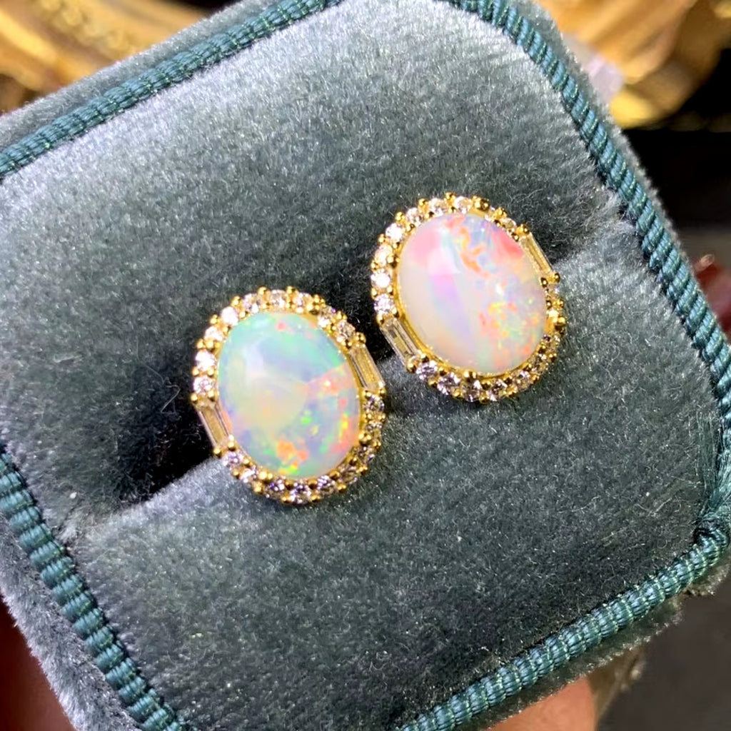 Natural Fire Opal Earrings, Women's Opal Stud Earrings 925 Sterling Silver