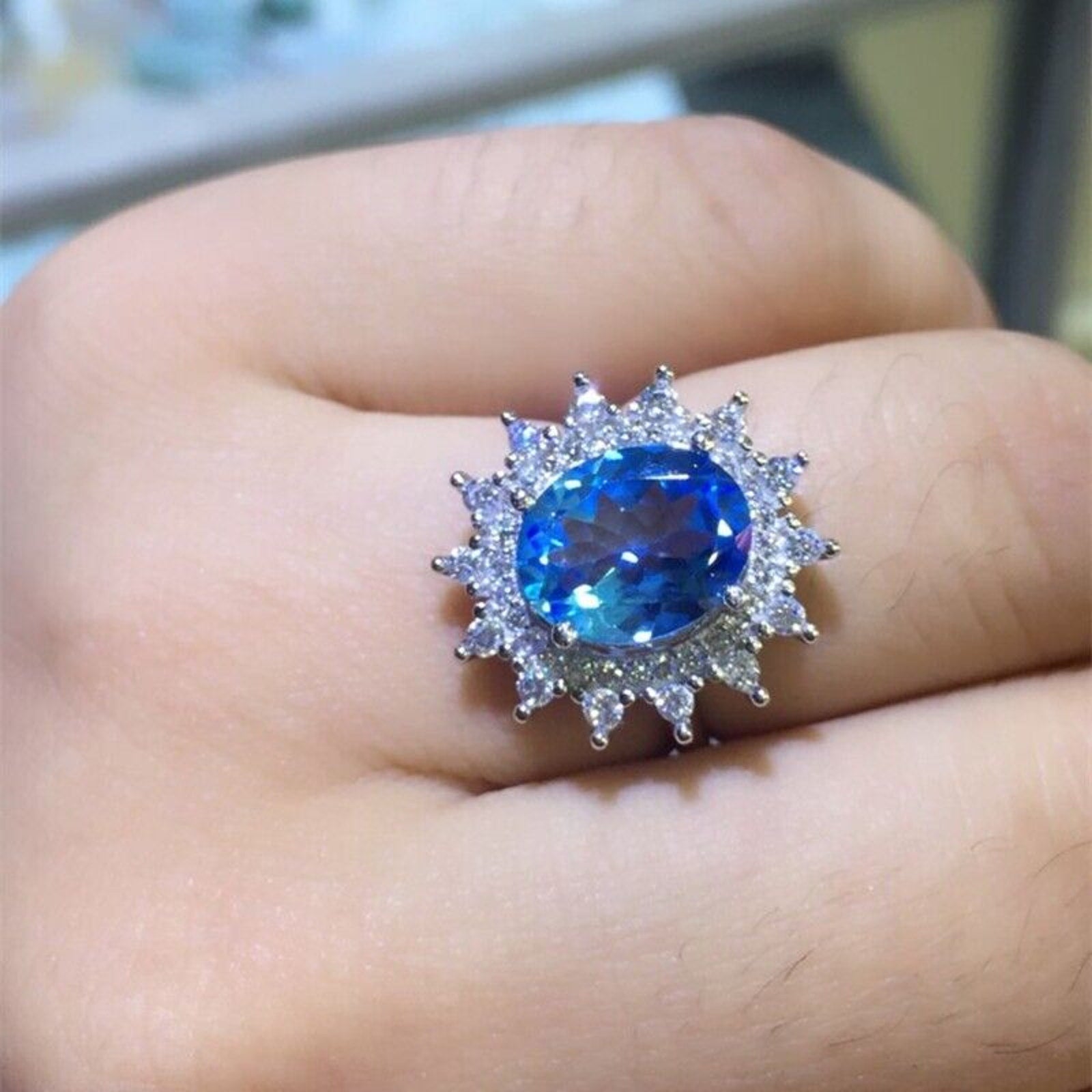 8x10 Natural Oval Cut Blue Topaz Statement Ring, Oval Cut Blue Topaz Ring