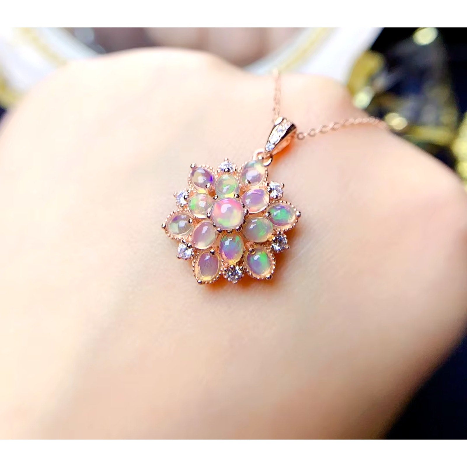 Natural Fire Opal Cluster Pendant Necklace, Women's Opal Pendant Necklace