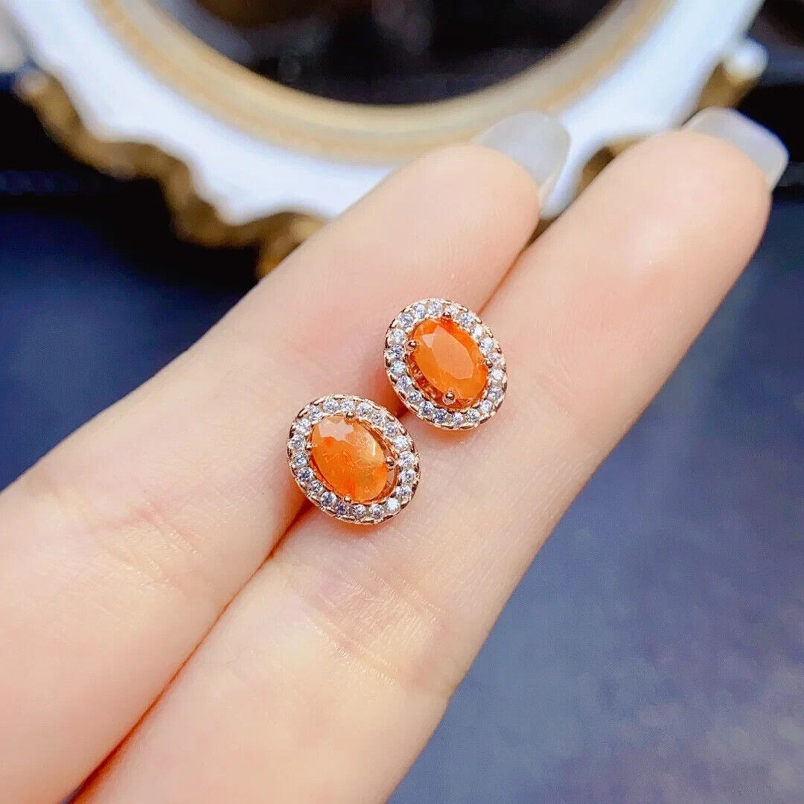 Orange Fire Opal Stud Earrings 4x6mm, Natural Orange Fire Opal Earrings