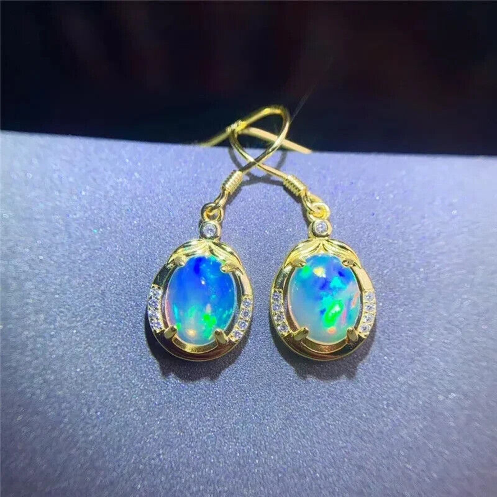 Natural Fire Opal Dangle Earrings, Colorful Large Fire Opal Earrings 7x9mm