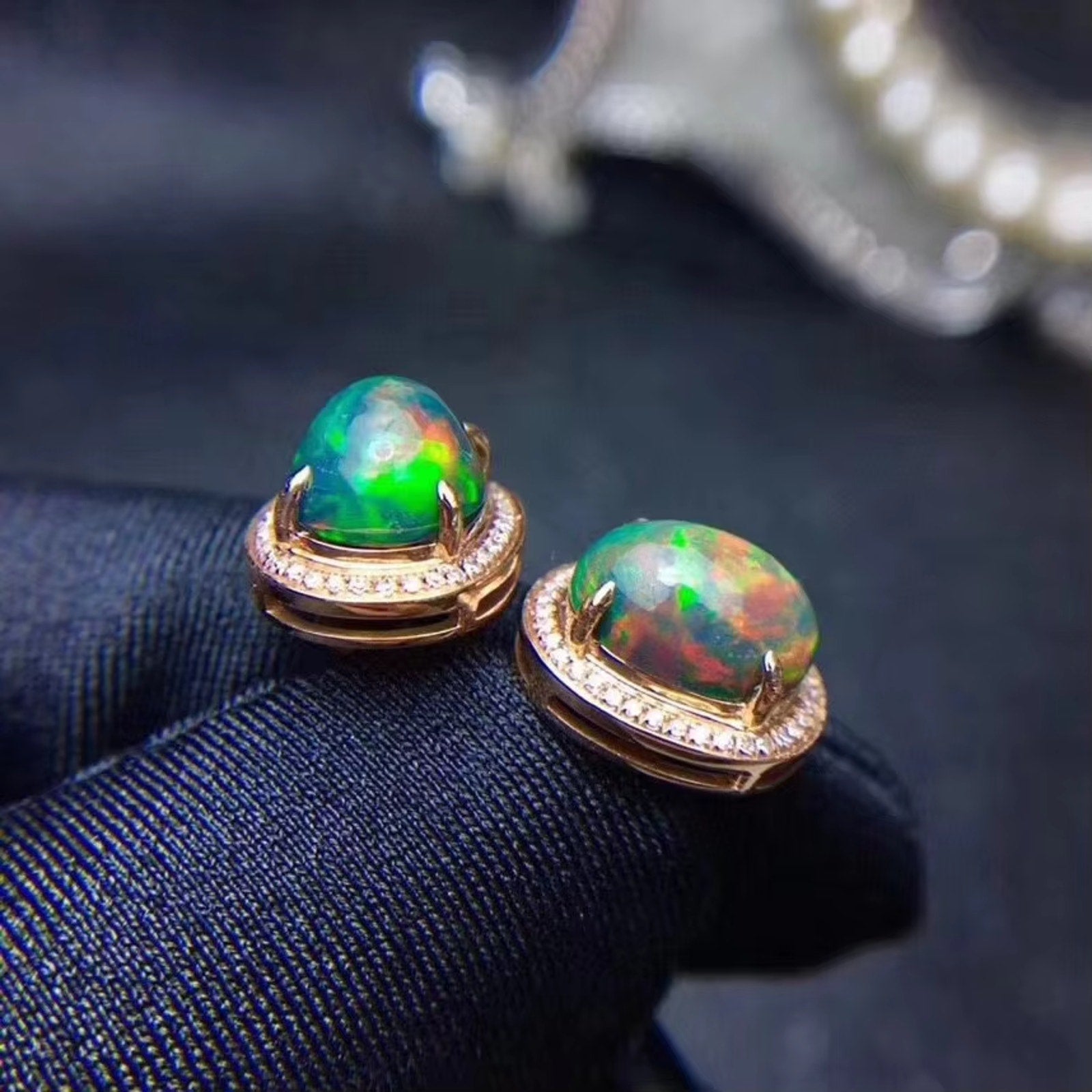 Black Fire Opal Stud Earrings, Natural Fire Opal Earrings 925 Sterling Silver