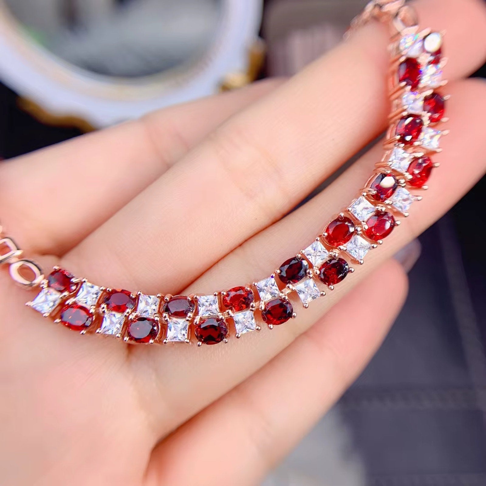 Red Garnet Tennis Bracelet, Natural Garnet Gemstone Bracelet 3x4mm 925 Sterling