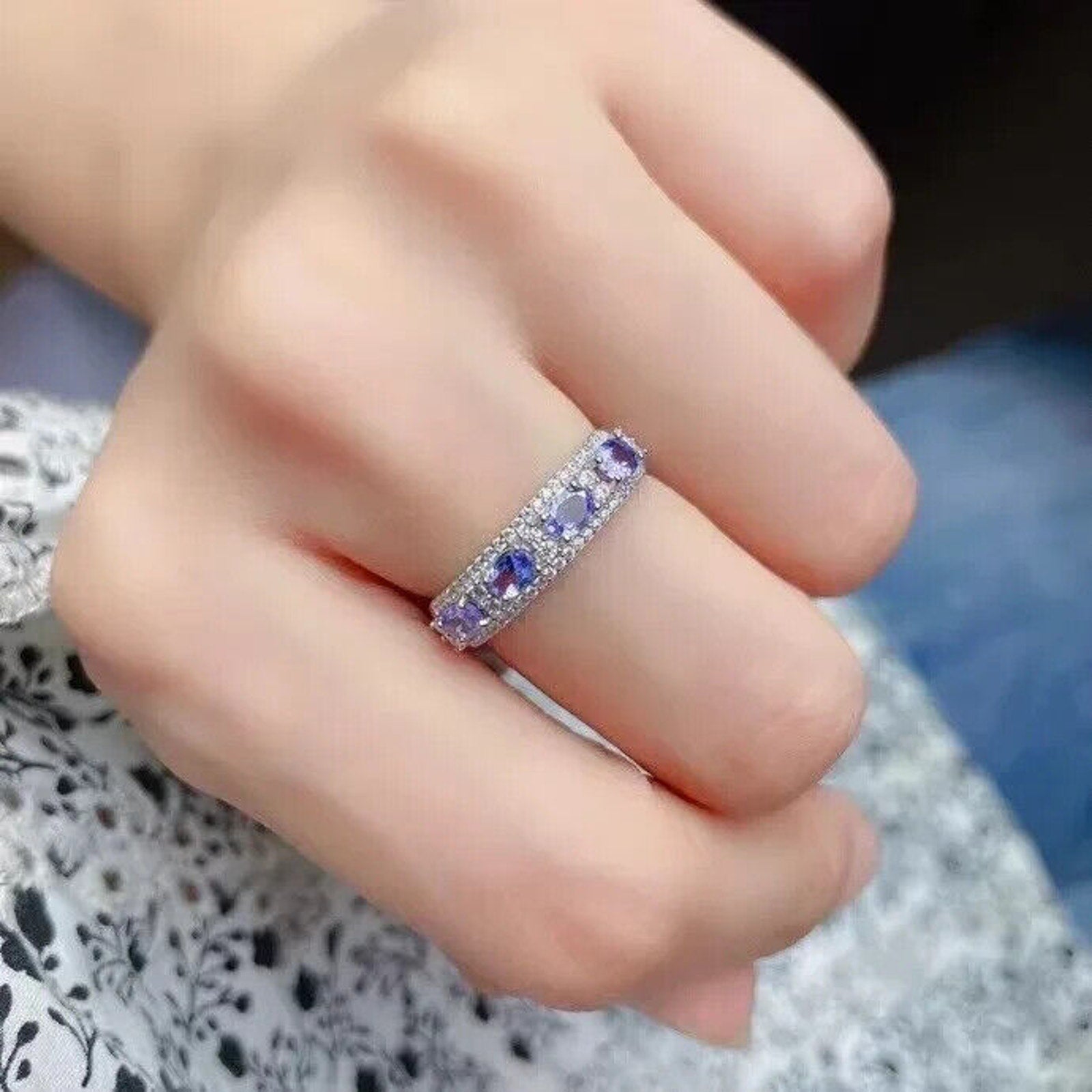 Natural Purple Tanzanite Band Ring 3x4mm Platinum Plated, Tanzanite Band Ring