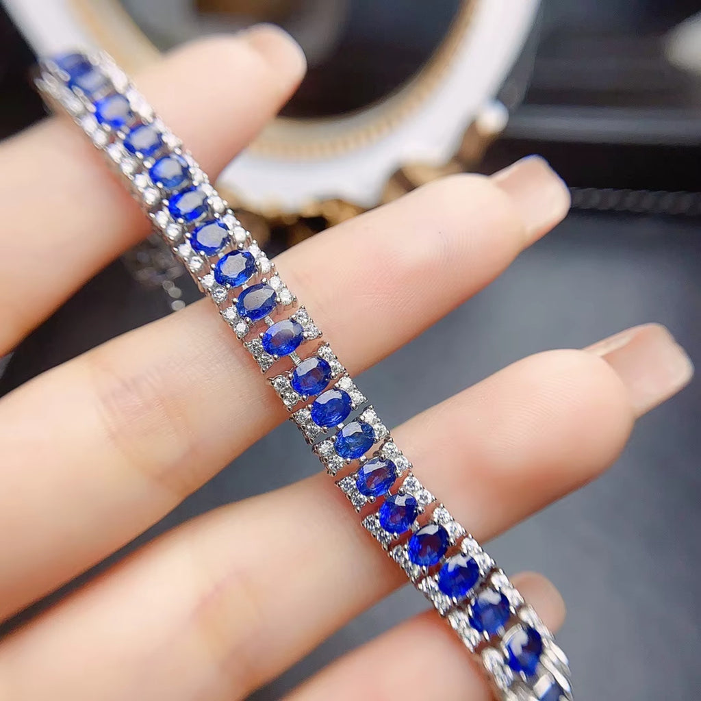 Natural Blue Sapphire Tennis Bracelet Platinum Plated Sterling Silver VVS Grade