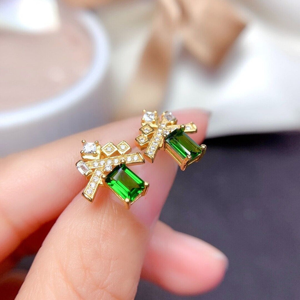 Natural Chrome Diopside Stud Earrings VVS Grade 925 Sterling Silver 4x6mm