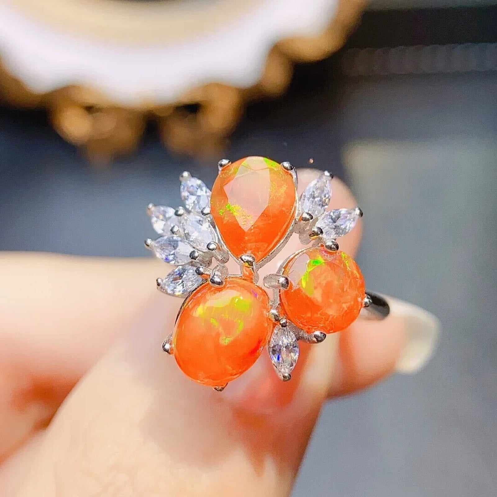 Orange Mexican Fire Opal Cluster Ring, Natural Orange Opal Ring Sterling Silver
