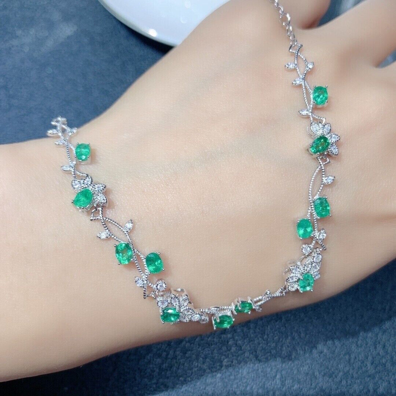 Colombian Emerald Dainty Floral Bracelet on 925 Sterling Silver, 12pc 3x4mm