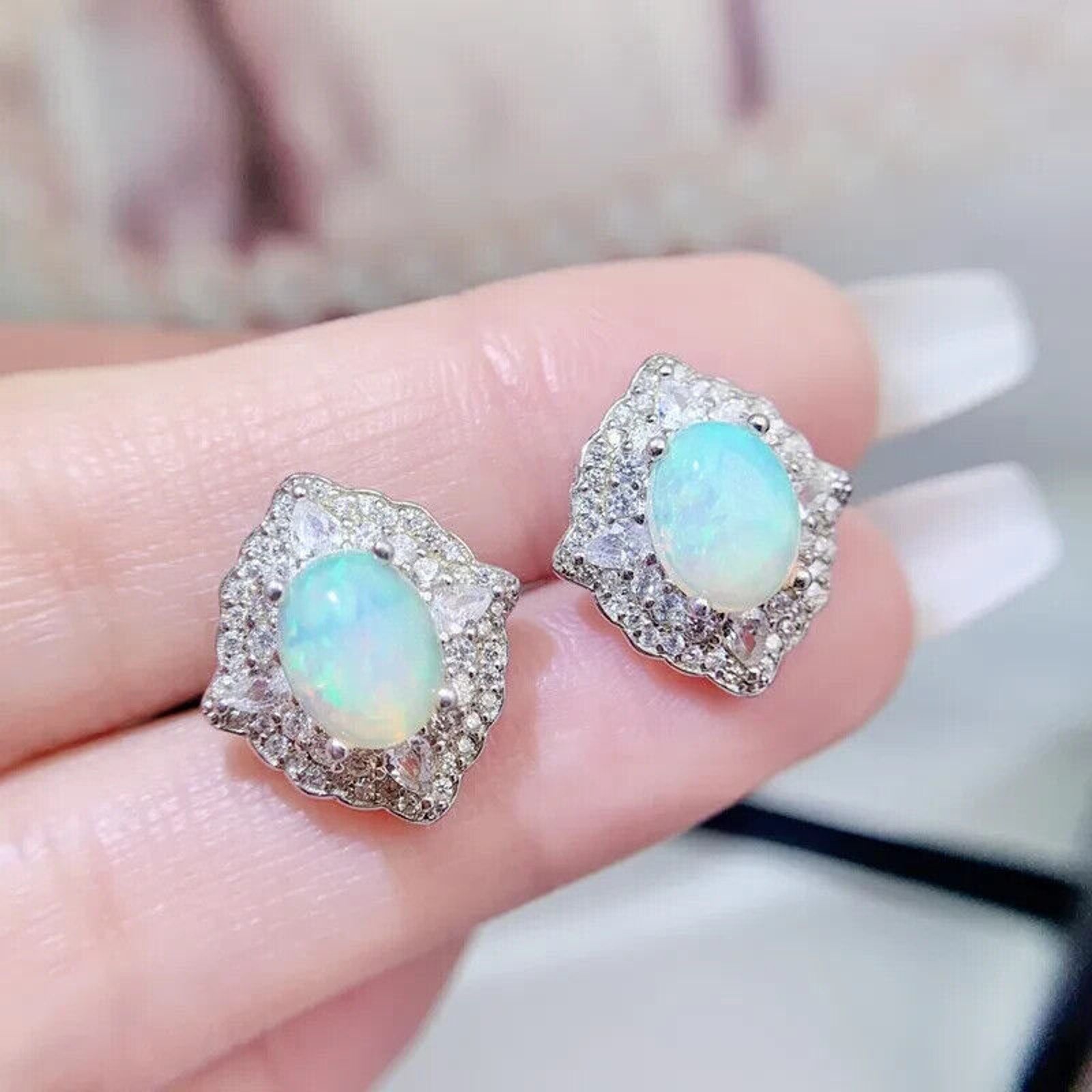 Large Fire Opal Stud Earrings 8x10mm, Natural Fire Opal Gemstone Earrings
