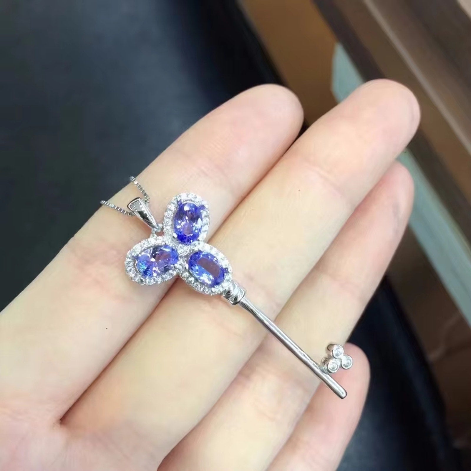 Purple Tanzanite Key Pendant Necklace, Natural Tanzanite Necklace For Women