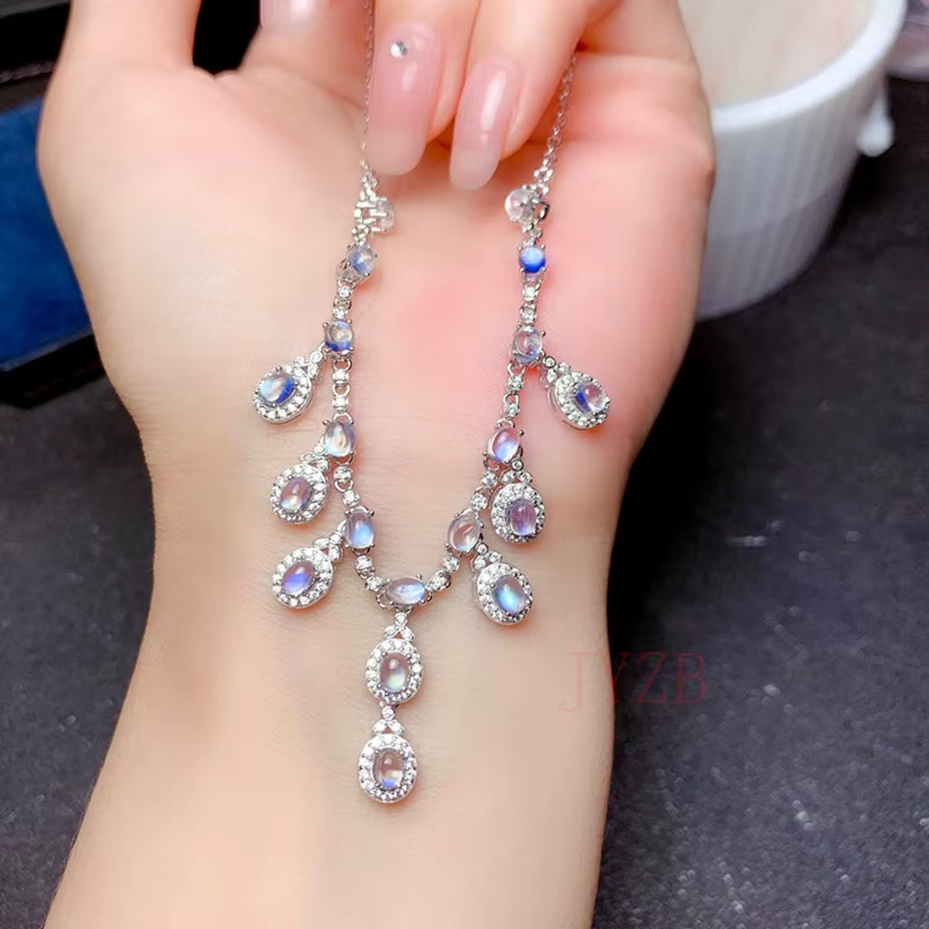 Natural Blue Moonstone Charm Necklace 925 Sterling Silver, Moonstone Necklace