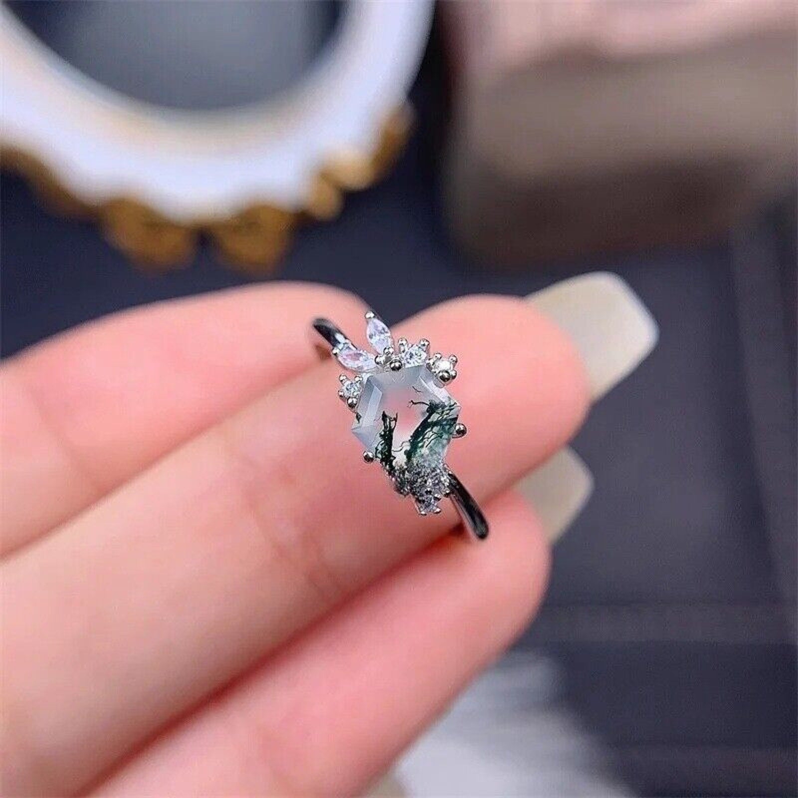 Moss Agate Gemstone Ring 925 Sterling Silver 6mm