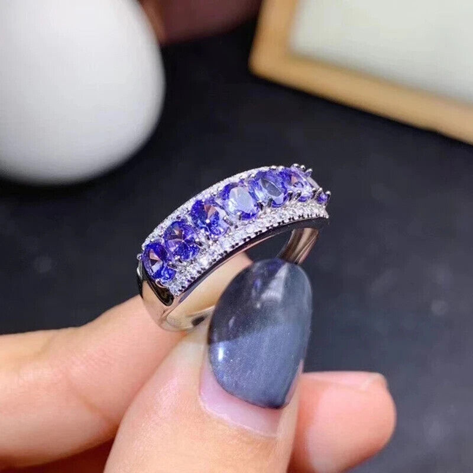 Natural Purple Tanzanite Band Ring 3x4mm Platinum Plated, Tanzanite Band Ring