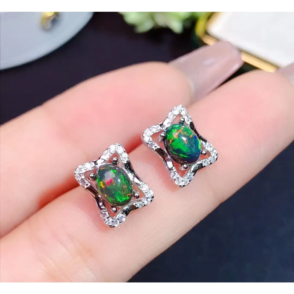 Black Fire Opal Stud Earrings Colorful Black Fire Opal Earrings Sterling Silver