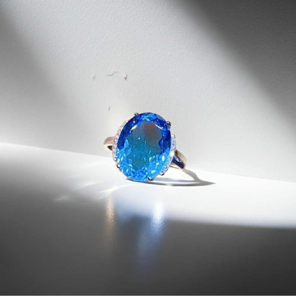 Bright Blue Swiss Topaz Gemstone Ring 12x18mm Oval Cut