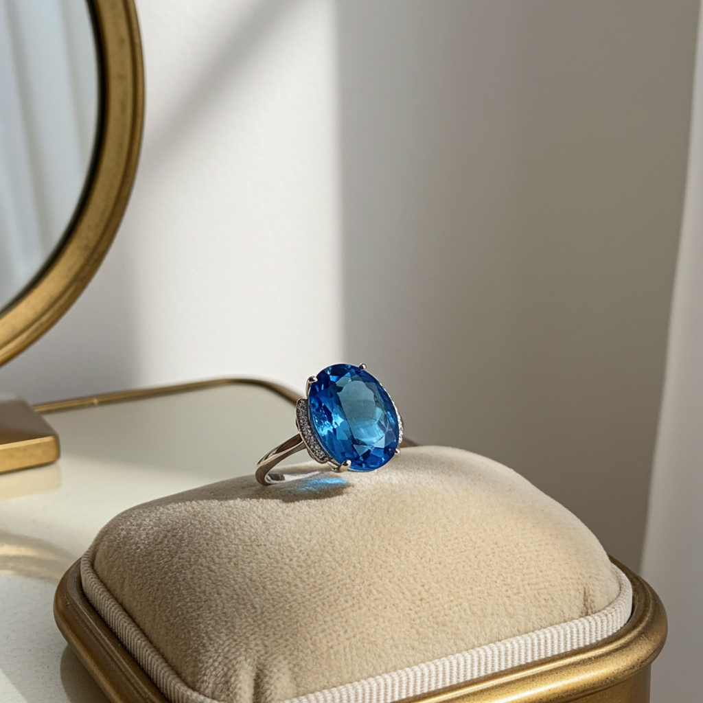 Bright Blue Swiss Topaz Gemstone Ring 12x18mm Oval Cut
