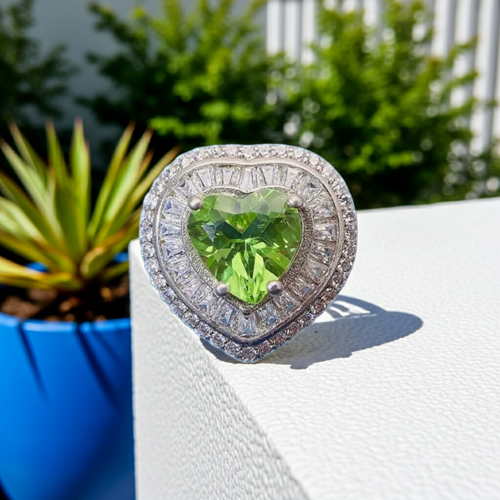 Natural Peridot Gemstone Ring 8mm, August Birthstone Peridot Statement Ring