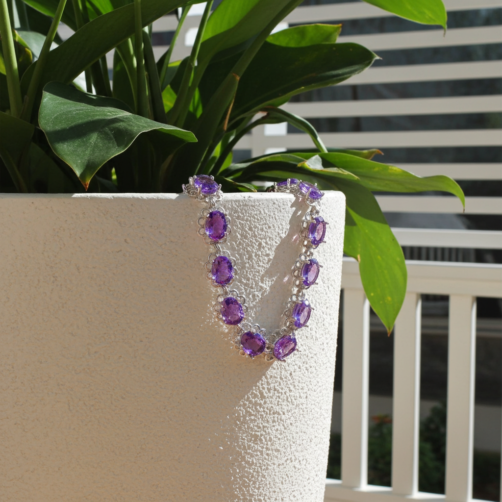 Natural Amethyst Flower Bracelet 5x7mm Sterling Silver