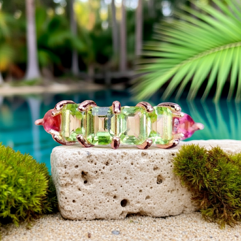 Natural peridot and tourmaline emerald cut gemstone ring in 925 sterling silver with platinum yellow gold and rose gold plating options by PHIMSERA
