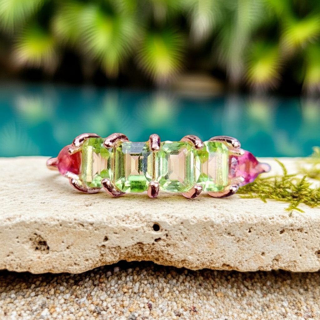 Natural peridot and tourmaline emerald cut gemstone ring in 925 sterling silver with platinum yellow gold and rose gold plating options by PHIMSERA