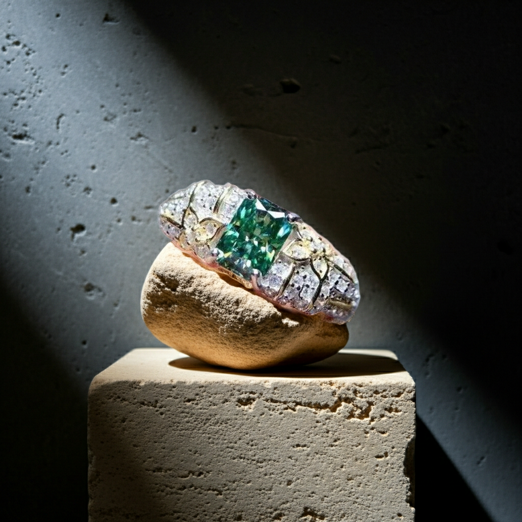 VVS1 1 Carat Radiant Cut Green Moissanite Ring