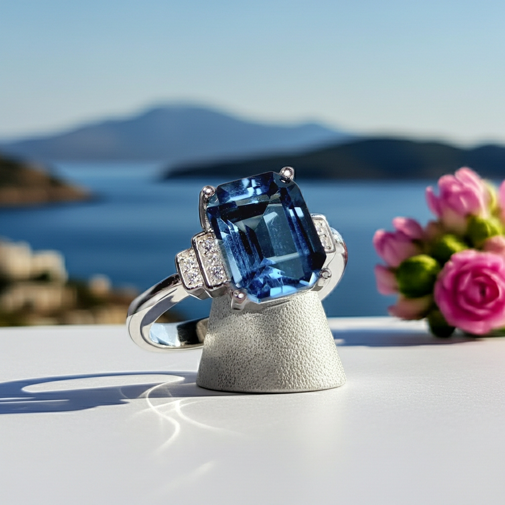 3 Carat Emerald Cut London Blue Topaz Ring 925 Sterling Silver
