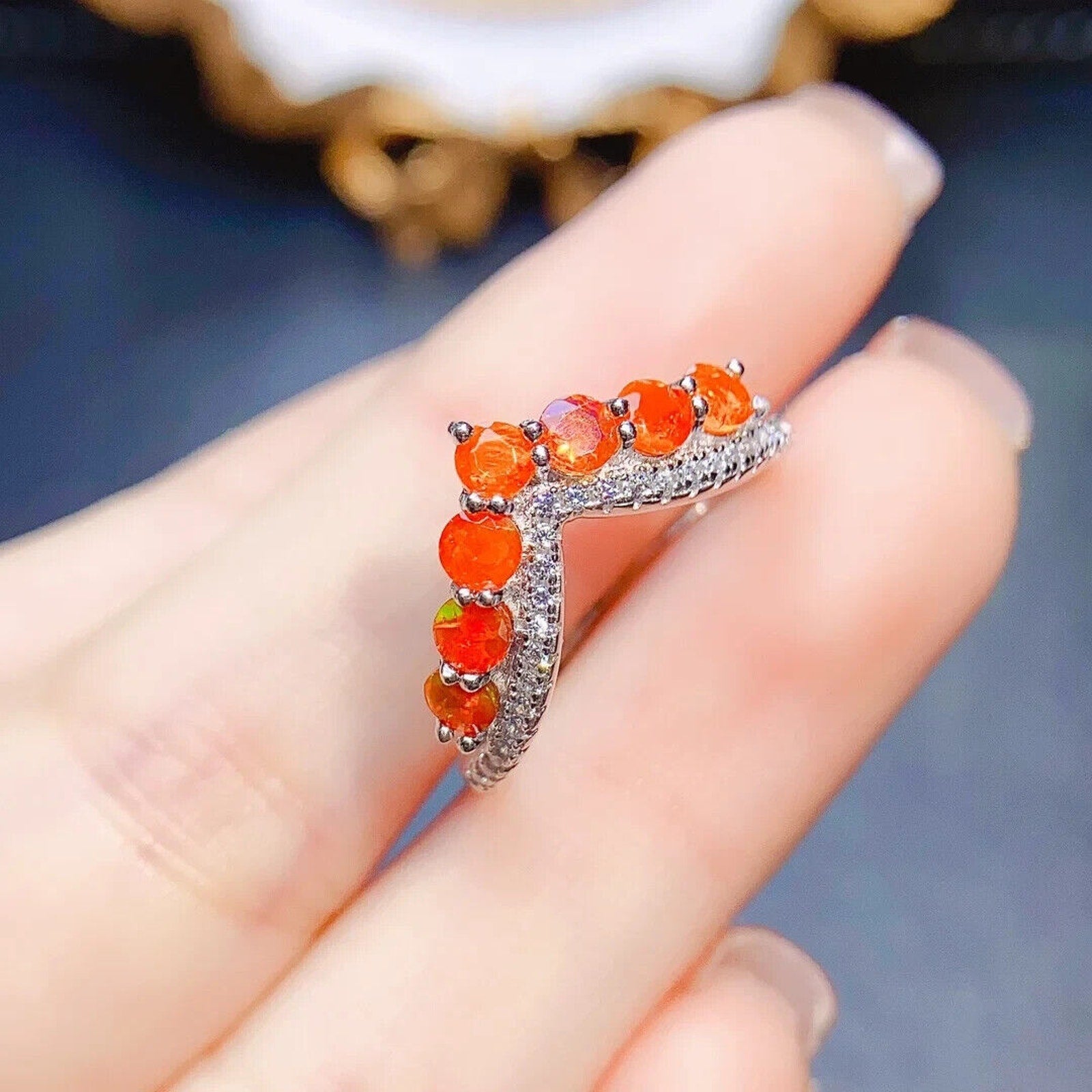 Orange Fire Opal Wedding Band Ring, Natural Orange Opal Engagement Ring