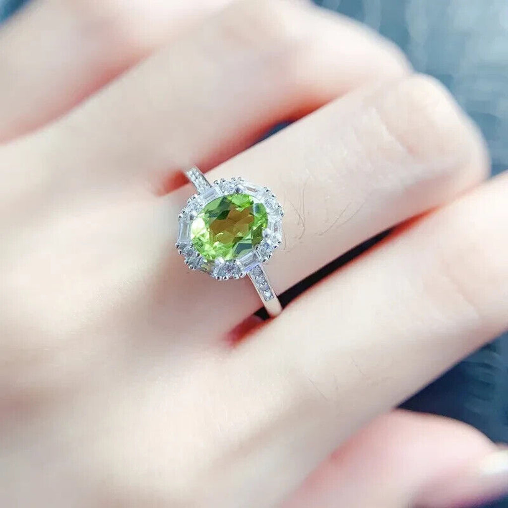 Natural Peridot Gemstone Ring 7x9mm 2CT, August Birthstone Peridot Ring