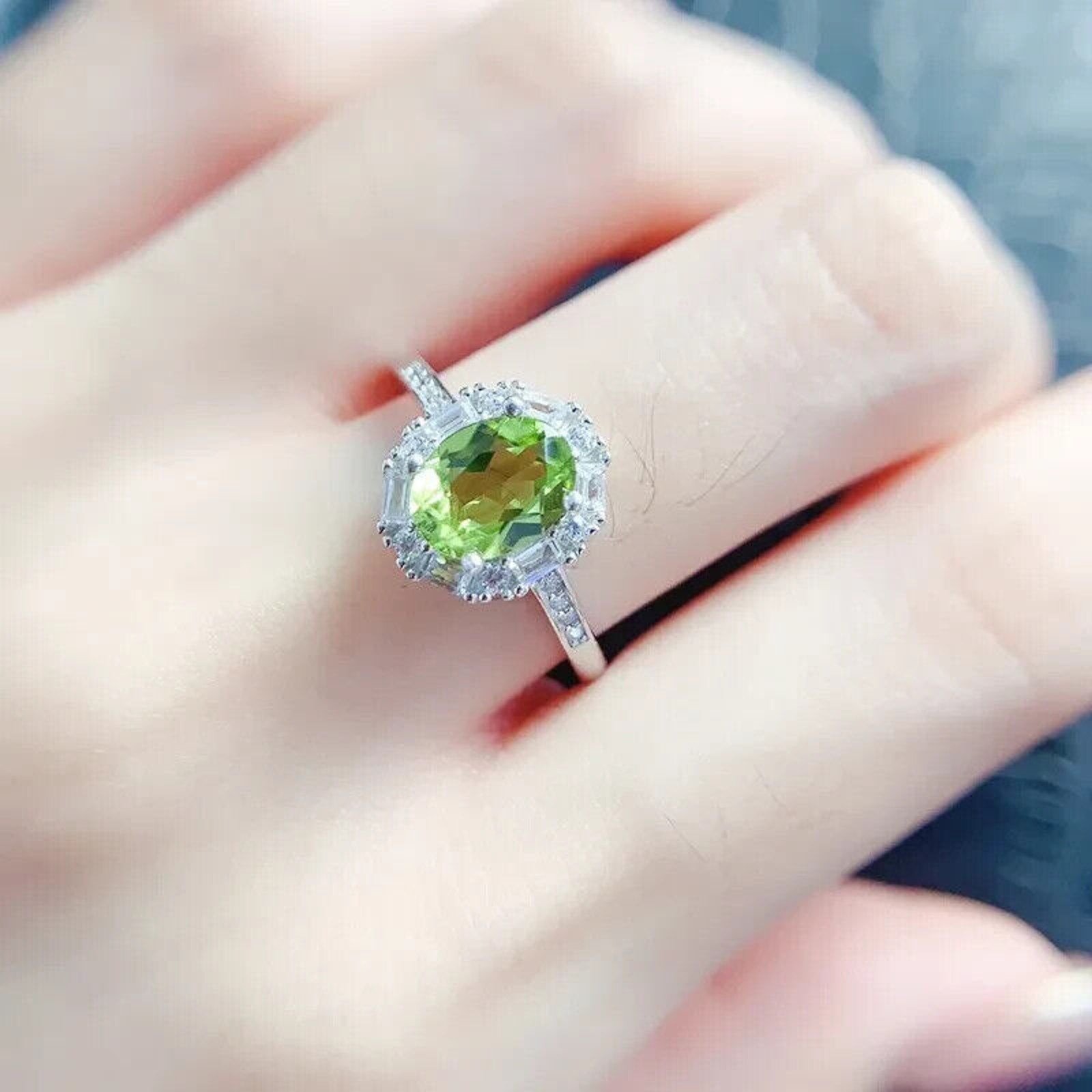 Natural Peridot Gemstone Ring 7x9mm 2CT, August Birthstone Peridot Ring