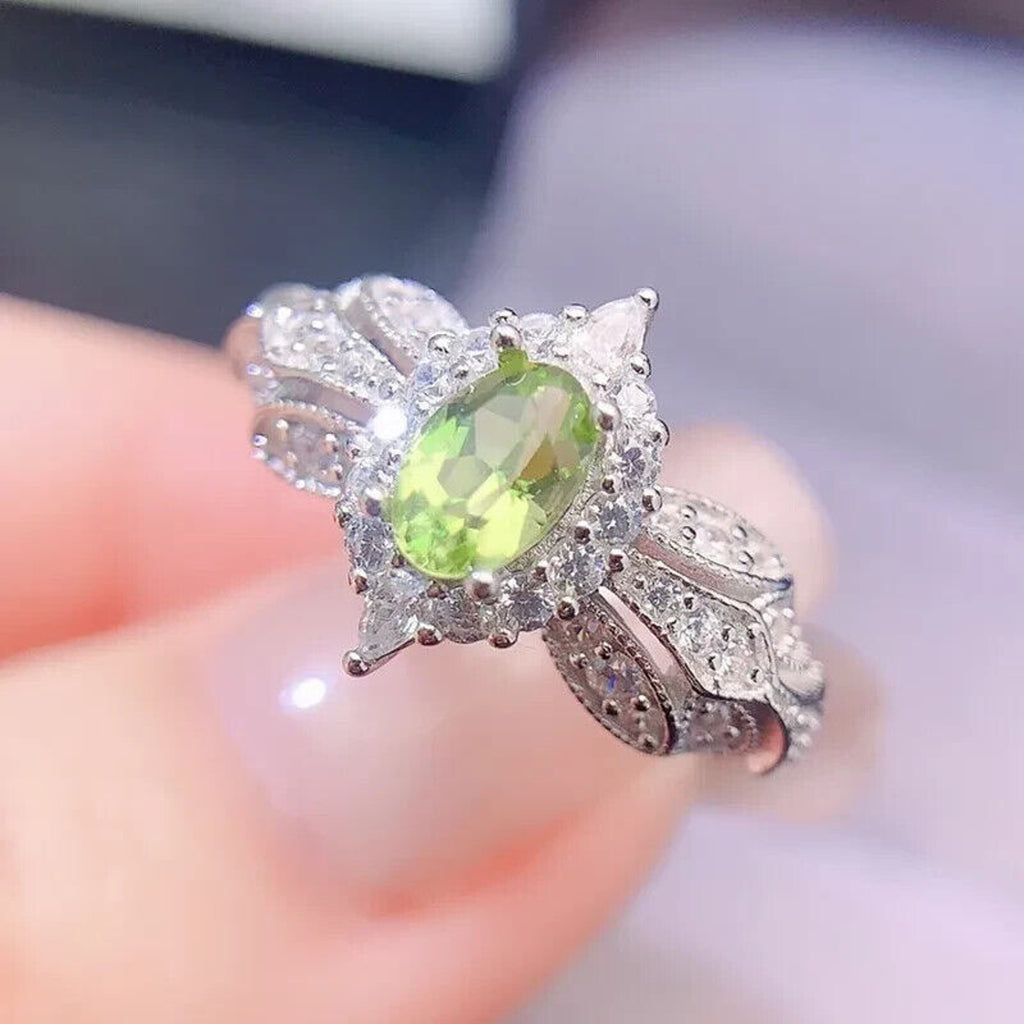 Natural Peridot Gemstone Ring 4x6mm, August Birthstone Peridot Ring Sterling
