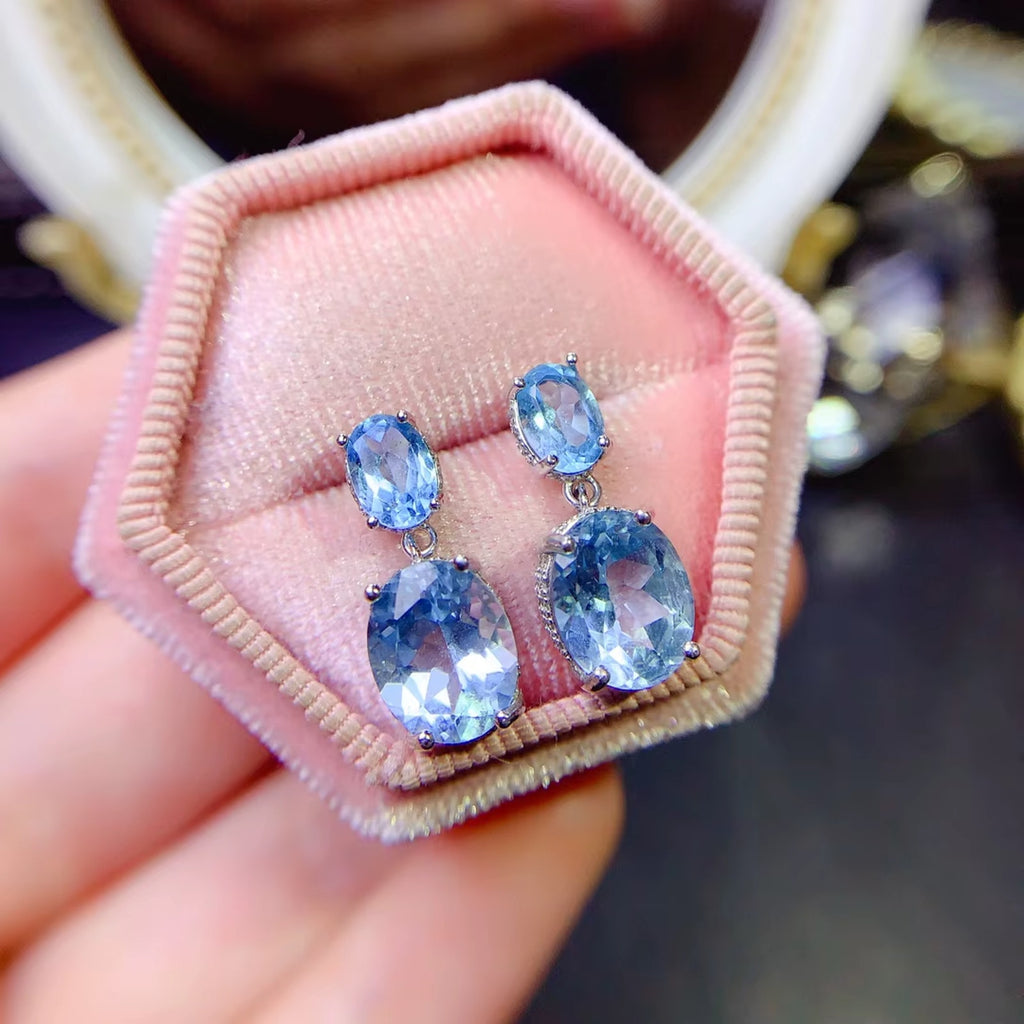 Sky Blue Topaz Gemstone Earrings 925 Sterling Silver, Oval Cut Blue Topaz 8x10mm