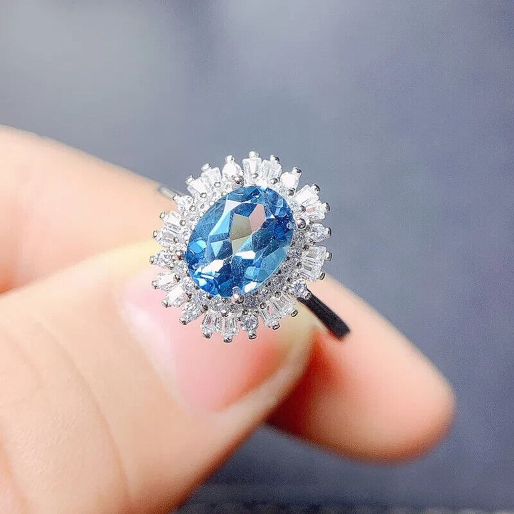 Swiss Blue Topaz Statement Ring, Natural Blue Topaz Gemstone Ring 6x8mm 1.6CT