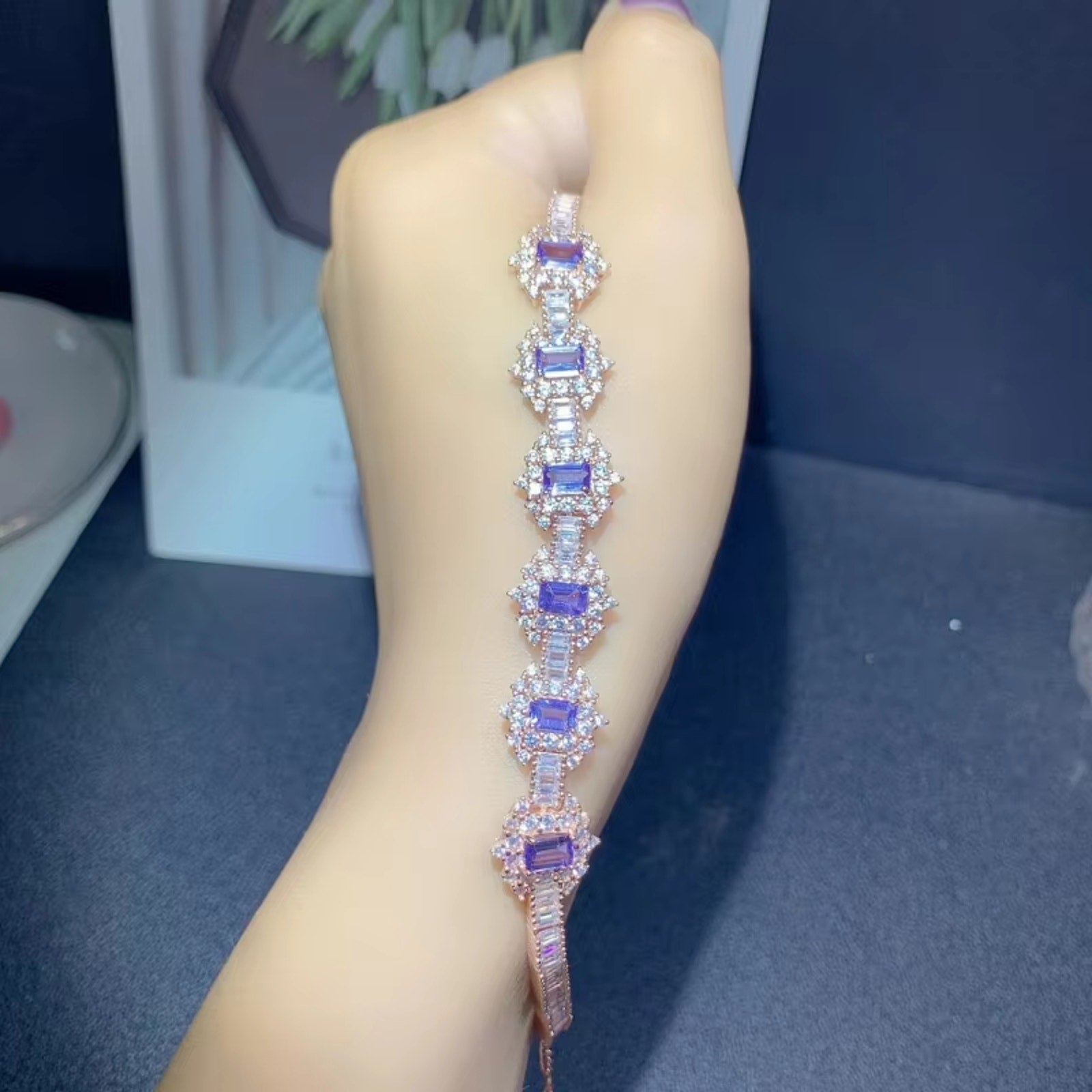 Tanzanite Tennis Bracelet 925 Sterling Silver, Emerald Cut Tanzanite Bracelet