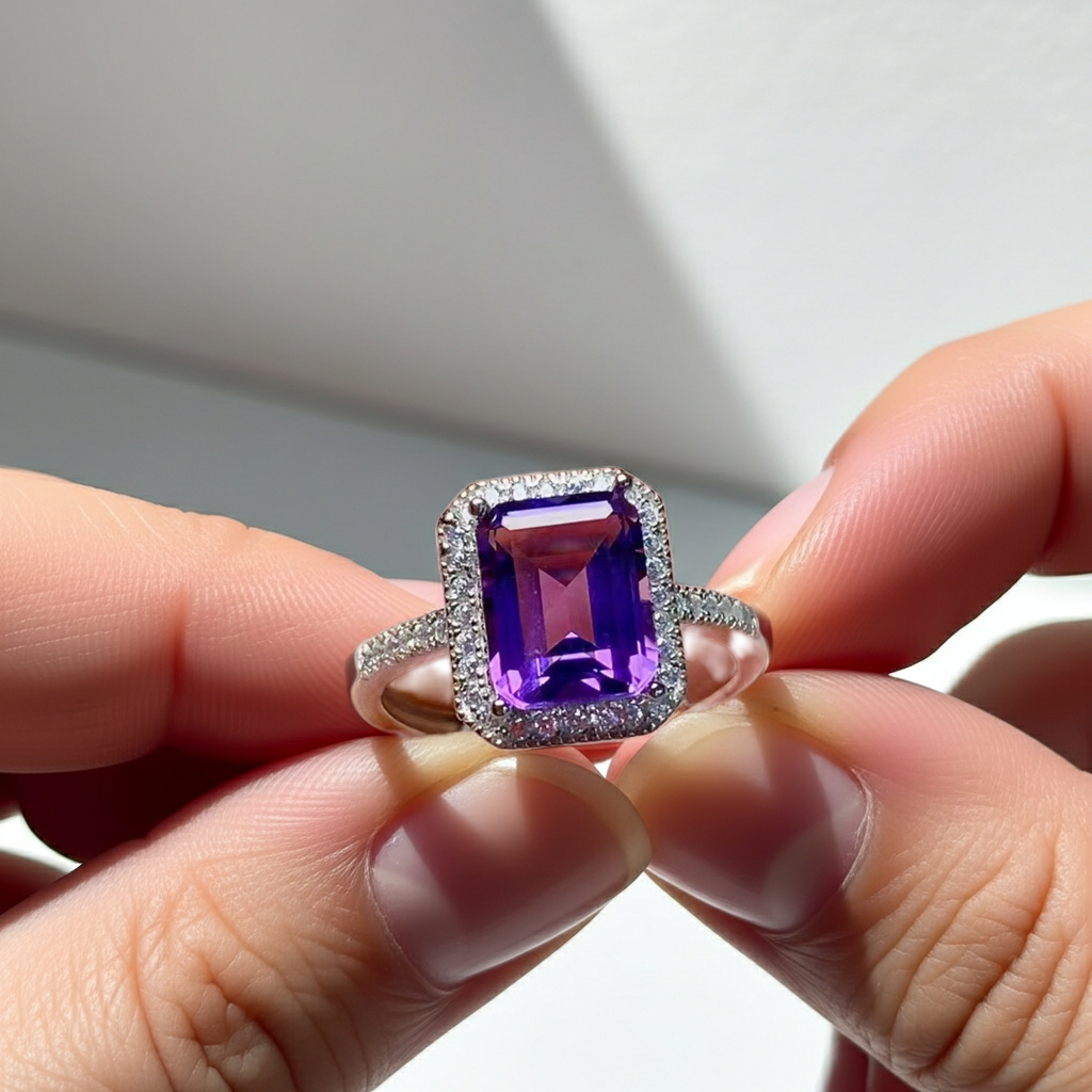2CT 7x9mm Emerald Cut Amethyst Ring 925 gift