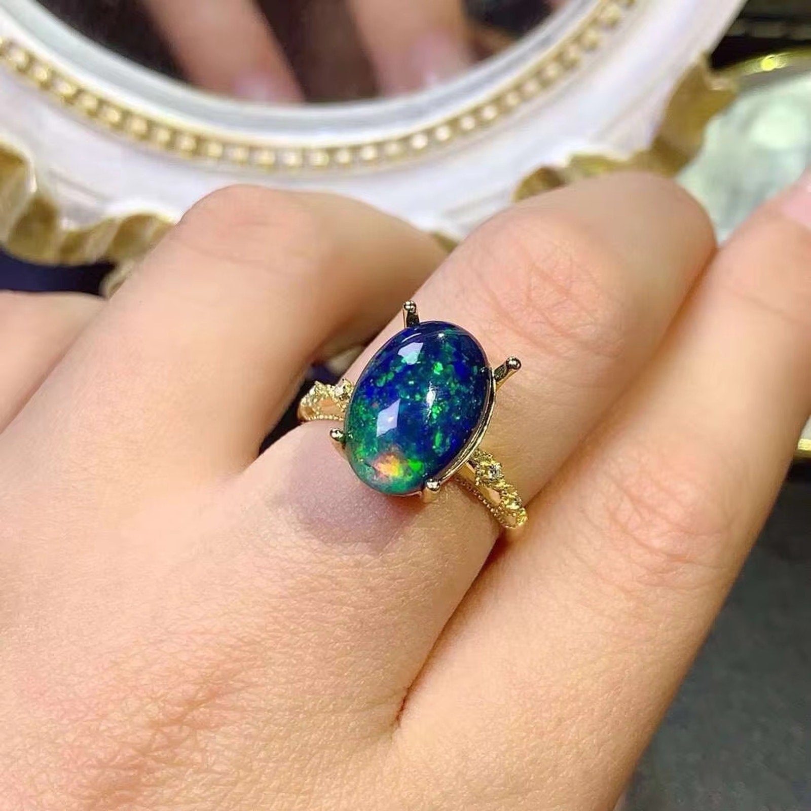 Black Opal Statement Ring, Australian Fire Opal Ring Sterling Silver 10x14mm