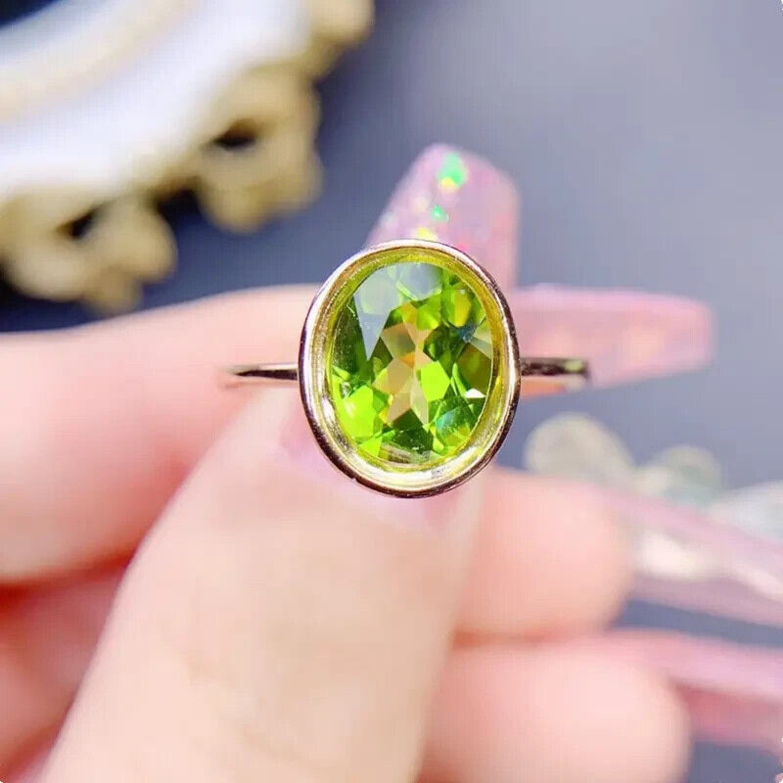 Natural Peridot Gemstone Ring 7x9mm 2CT, August Birthstone Peridot Ring